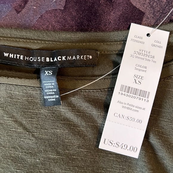 White House Black Market NWT 3/4 Shirred Side Tee Top Sz XS Sergeant color NEW - Picture 2 of 4